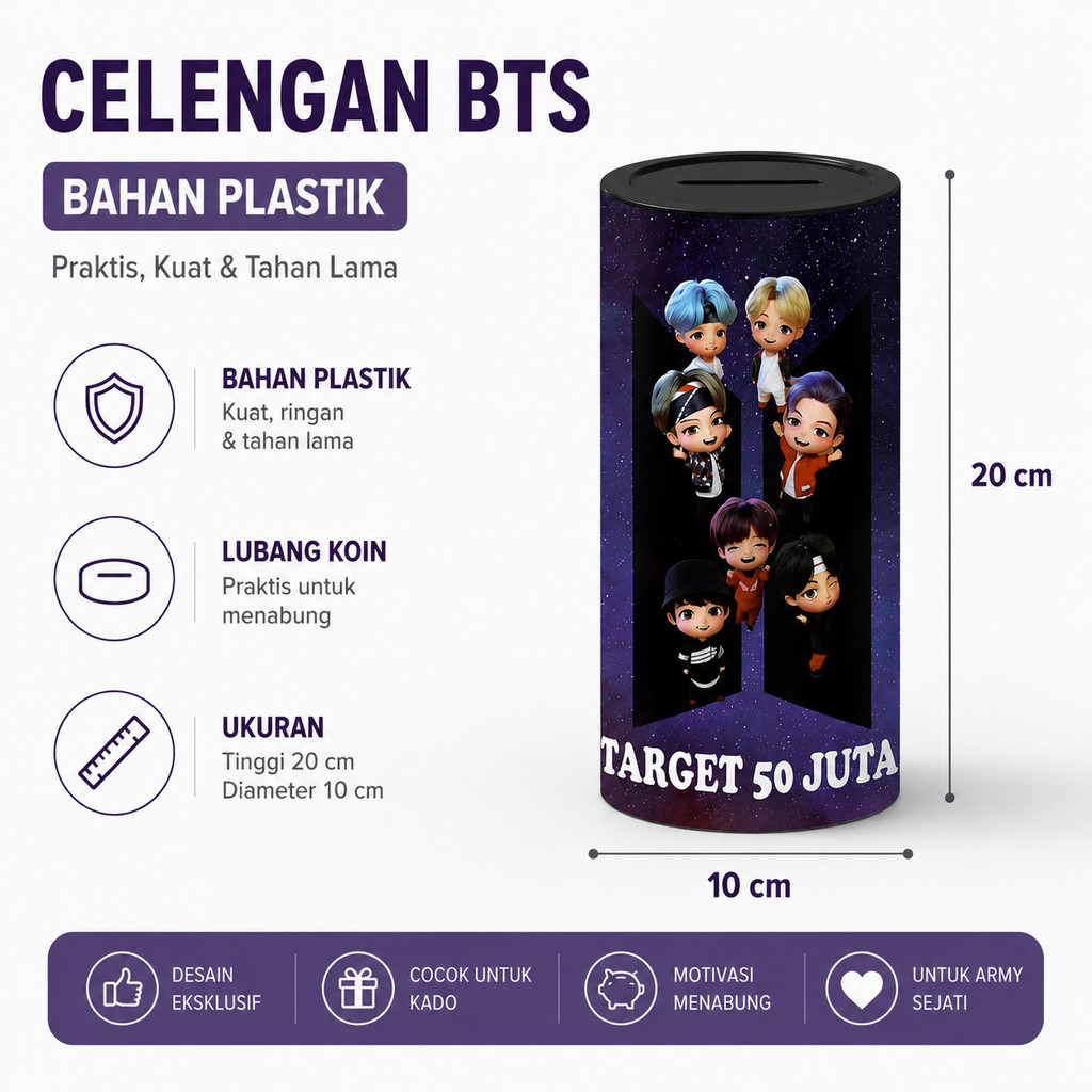 Celengan BTS Target 50 Juta Plastik Tebal Tinggi 20cm Diameter 10cm Celengan Tabung Koin Kado ARMY