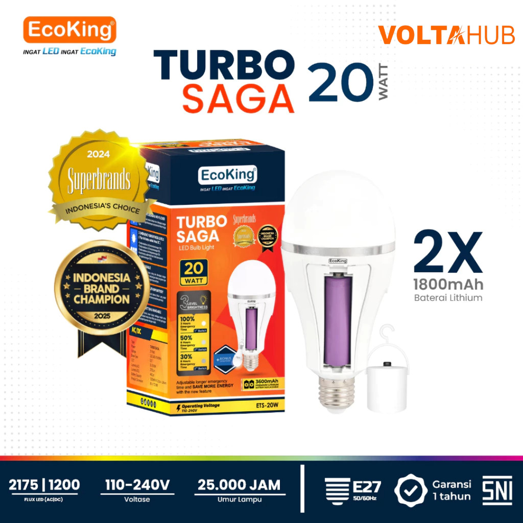 EcoKing Lampu LED Emergency 20W Turbo Saga ETS-20W Putih - Bohlam Darurat Cas 3 Level DC
