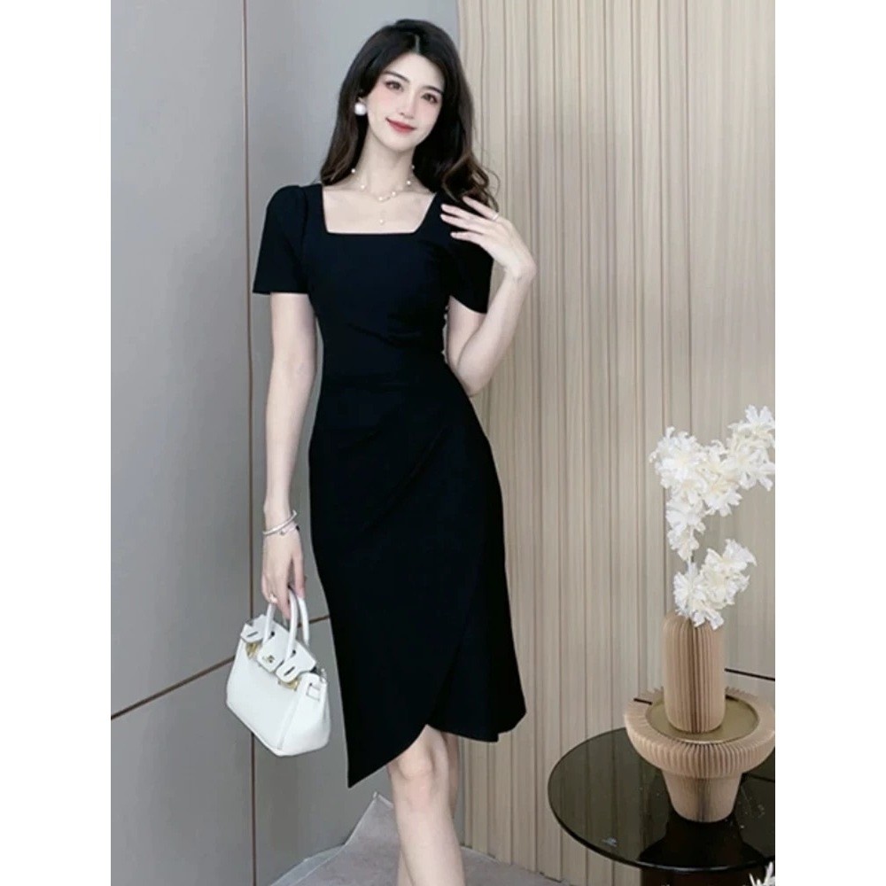EMITA BLOOM baju dress hitam polos panjang mewah elegan long dress lengan pendek wanita kekinian cas