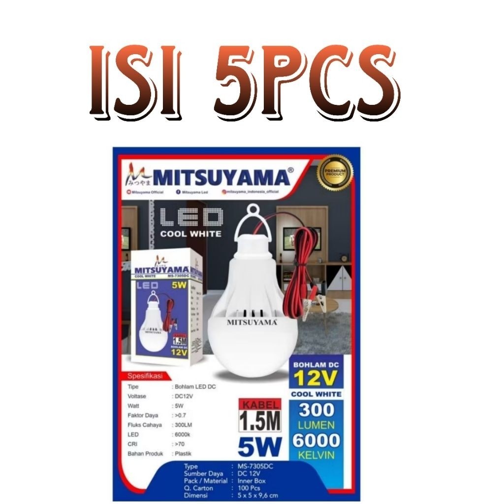 harga grosir isi 5pcs Bohlam Lampu Aki LED DC 12V 5 Watt Jepit Mitsuyama MS-7305DC