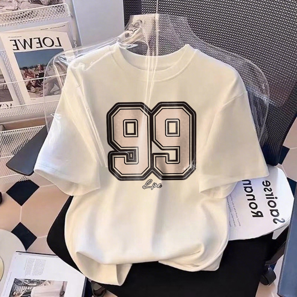 Kaos lengan pendek cetak wanita Korea nomor 99/pakaian wanita gaya modern/atasan coklat modis dan el