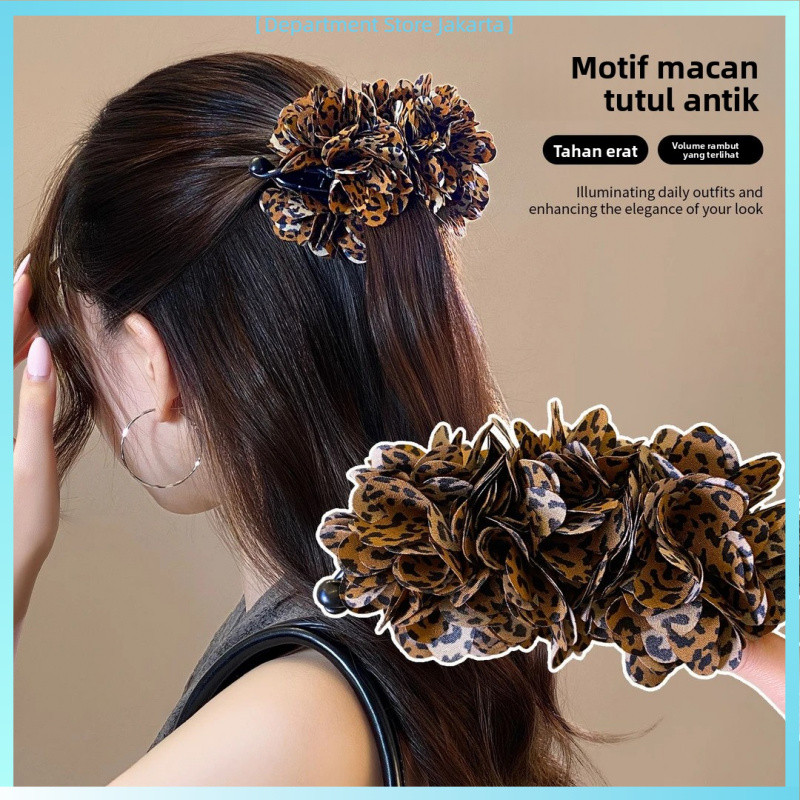 Jepit Rambut Pisang Besar Model Vintage - Motif Bunga Leopard Yang Mewah, Cocok Untuk Kondangan Dan 