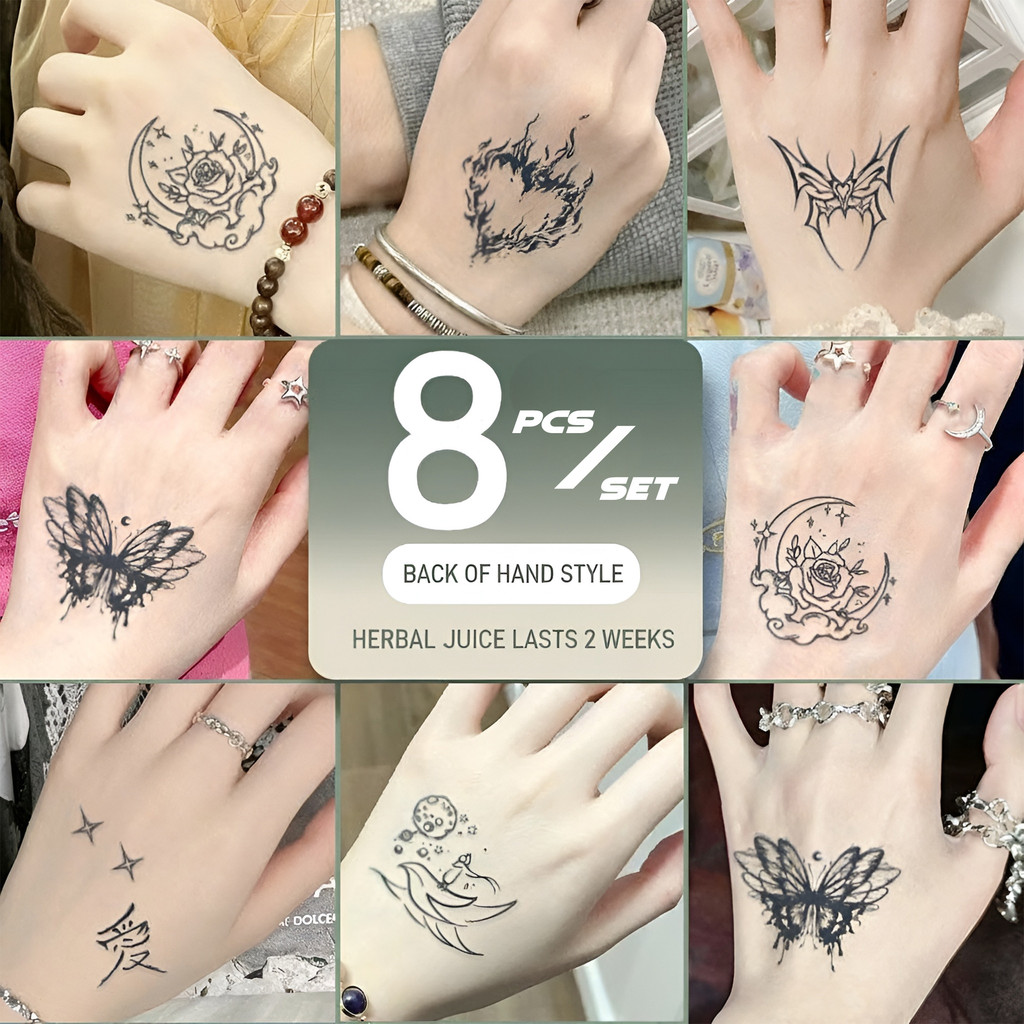 1 Set 8 Lembar Tato Temporer FRUIT INK – Seri Belakang Tangan Semi Permanen, Waterproof & Realistik