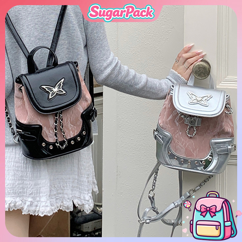Backpack Y2K Tas Bahu Rntai Tas Wanita Perak Lucu Perguruan Tingg Lucu Import Korea