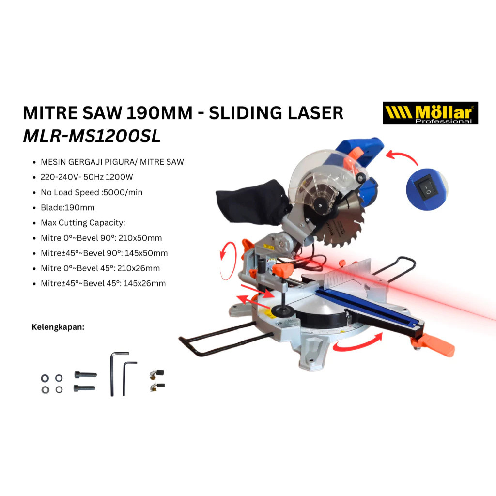 MOLLAR MS1200SL 7'' 190mm 1200watt Miter Saw Sliding with Laser