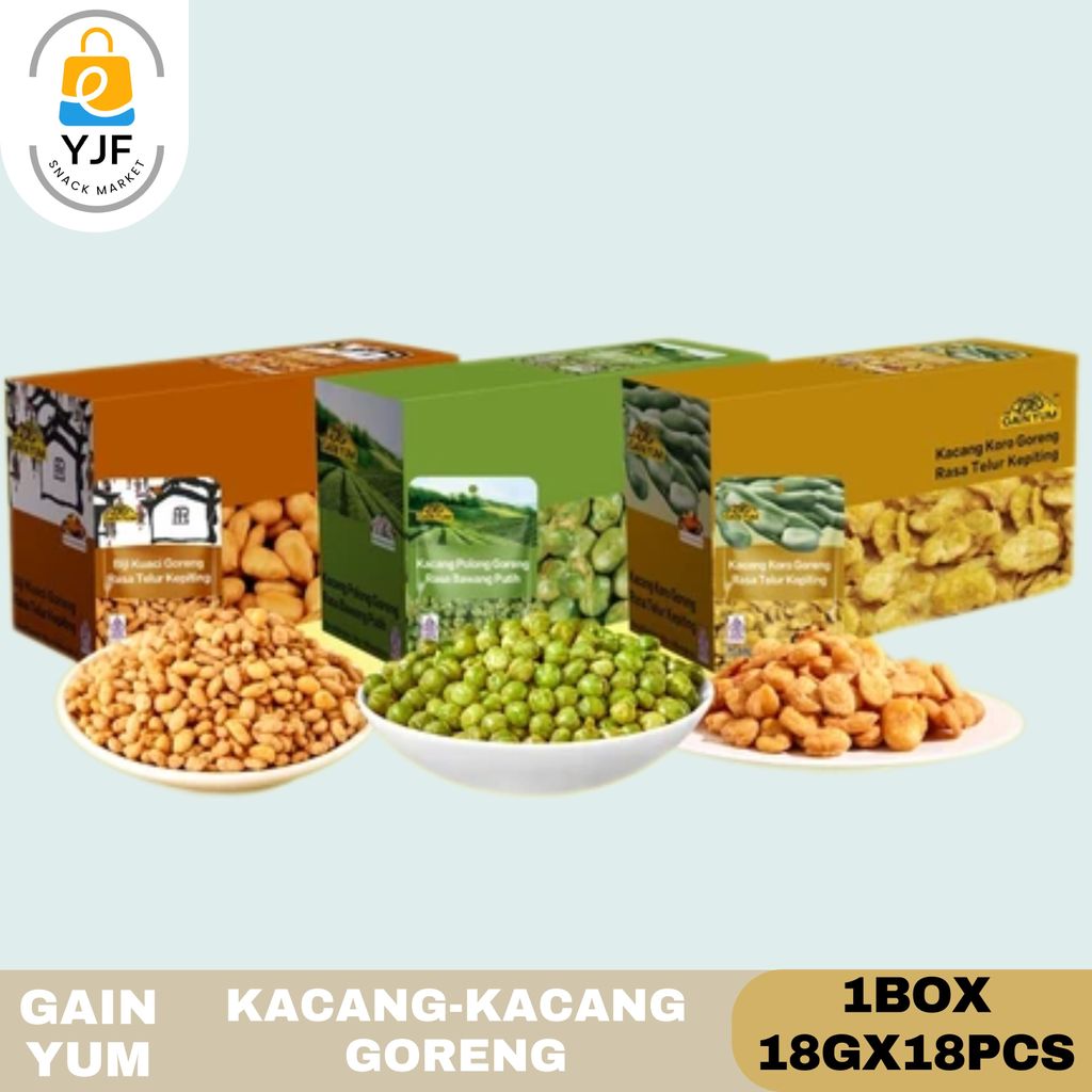 Gain Yum / 1BOX / 18G X 18 PCS / Kuaci Kupas Rasa Telur Kepiting / Kacang Polong Rasa Bawang Putih /