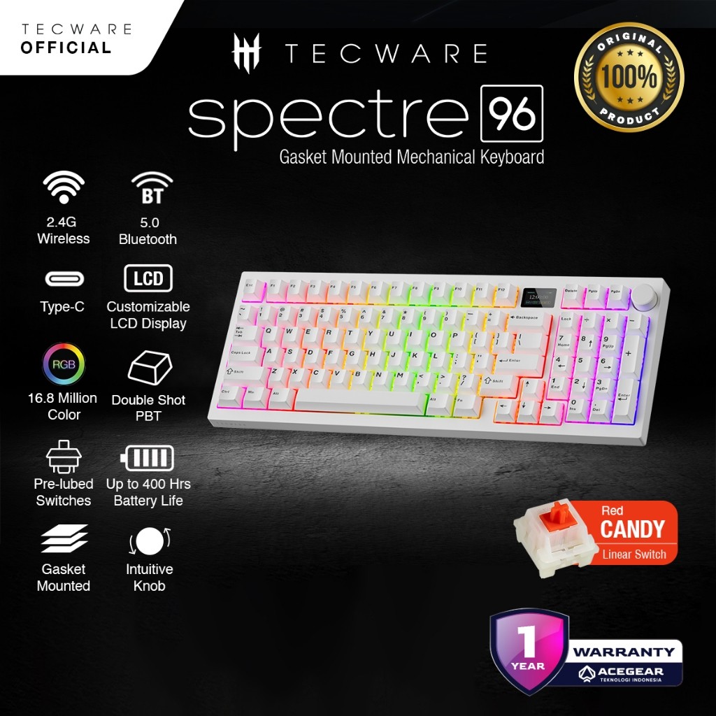 Tecware Spectre 96 Gasket mounted keyboard w/LCD and Knob, Tecware Wraith Candy Red switches (White)