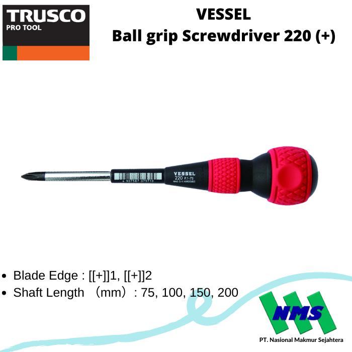 VESSEL 220 Ball Grip Screwdriver Obeng Bola Plus (+) PH1 PH2 75mm 100mm 150mm 200mm - 1x75mm
