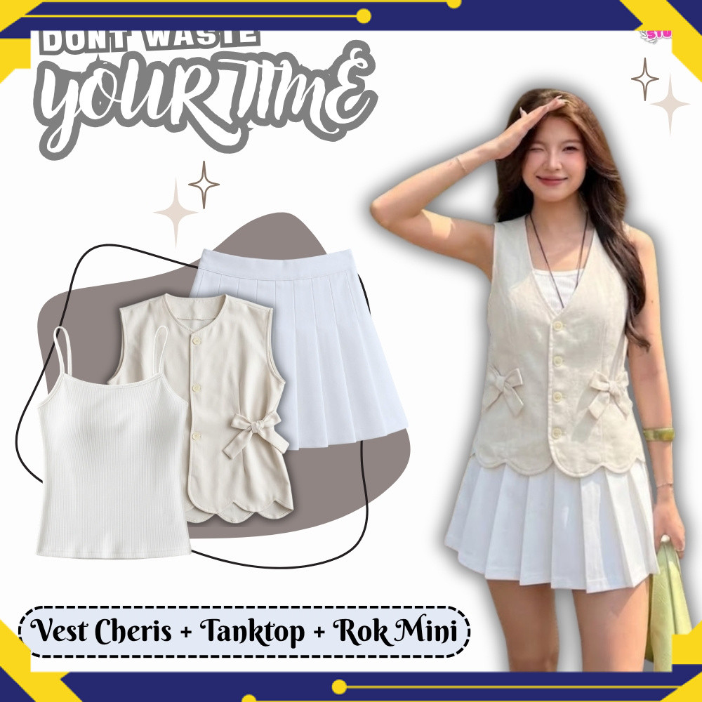 Set setelan 3 in 1 Vest Cheris Korean Style (Vest Cheris + Tanktop + Rok Mini) Stylish & Modish SF15