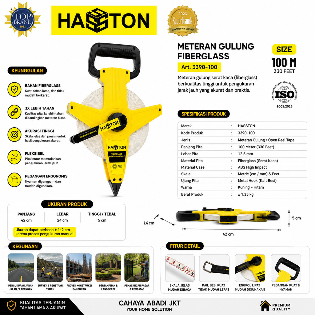 Meteran Gulung Fiberglass 100 Meter Hasston 3390-100 Roll Meter Survey Open Reel Original