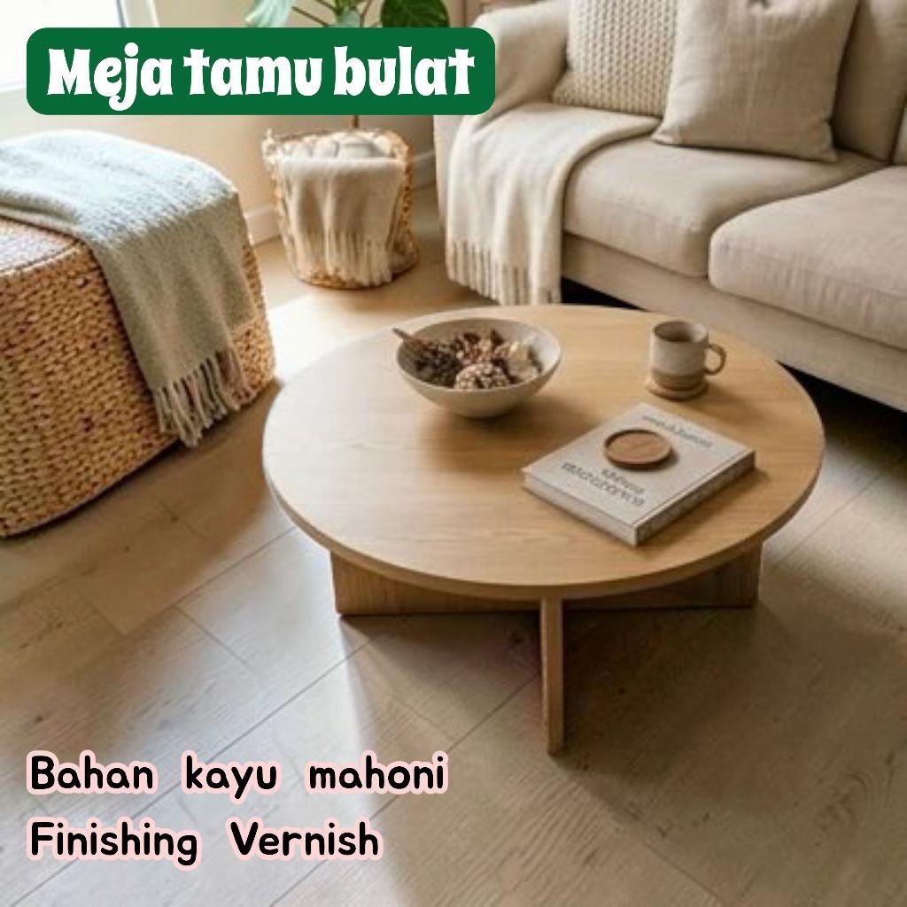 Meja Bulat Kayu Minimalis Coffee Table Meja Tamu Natural Elegan Kayu Mahoni Solid