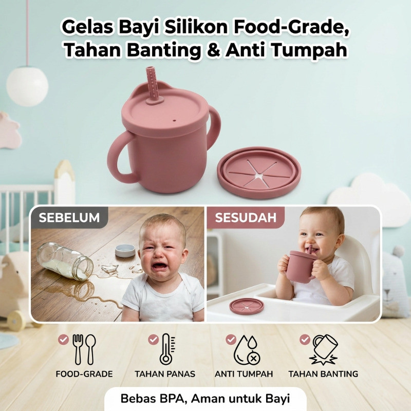 [ Tahan Panas & Anti Jatuh ] Botol Minum Bayi Silikon Cup Anak/Gelas Minum Anak Anti Tumpah/Anti Jat