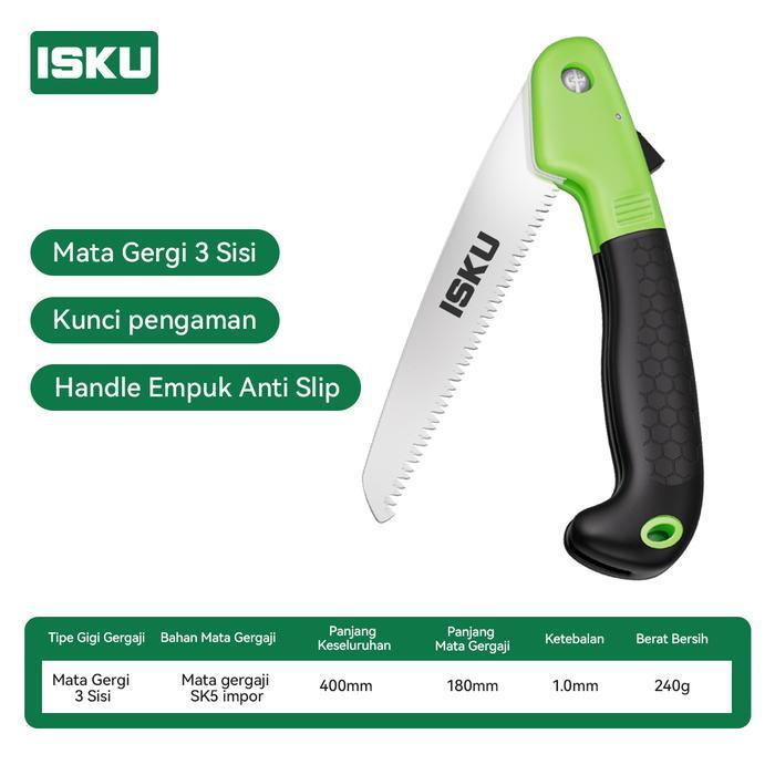 ISKU Gergaji Kayu Manual 18 Inch Baja 65Mn Gergaji Lipat Mini SK5 Potong Dahan Pohon Ranting Gigi 3 