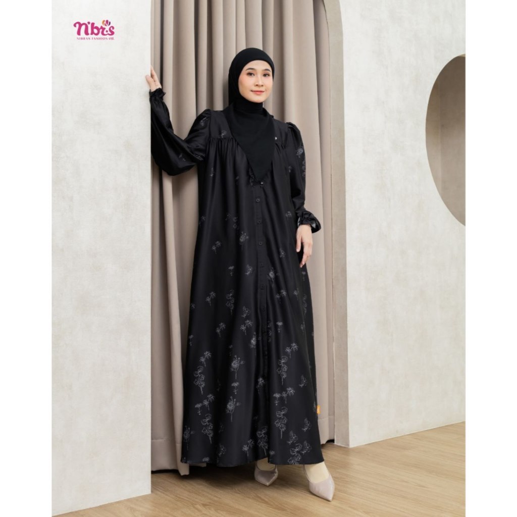 Nibras Gamis Motif Abaya Dress Kondangan Elegan Bahan Armani Silk - Wide Series 004 Hitam    BERKUAL