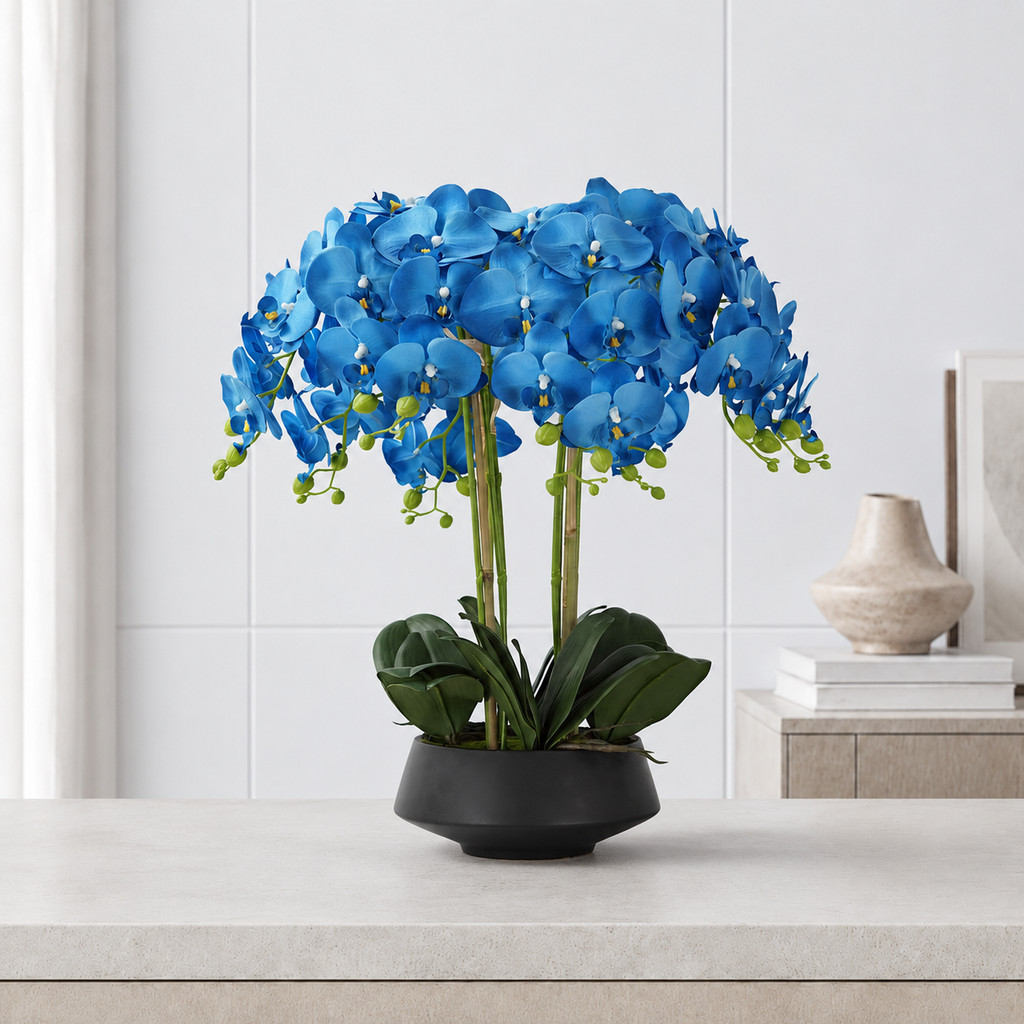 BIRU 3D Anggrek 105cm Latex Premium Tebal 9 Kuntum Sentuhan Nyata Hiasan Palsu Plastik