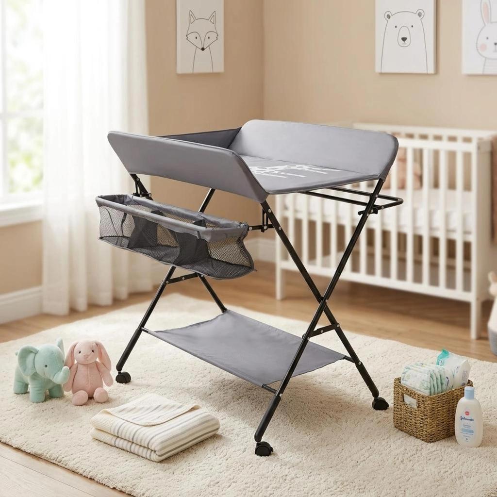 Adjustable Height Changing Table Padded Foldable Changing Table Mesh Storage Basket