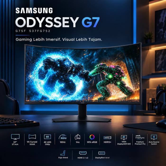 Monitor Samsung Odyssey G7 S37FG752 Monitor Gaming PC Lengkung 37 Inch 4K UHD 165Hz 1ms Curved 1000R