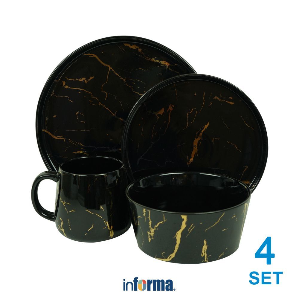 Informa Appetite Abbey Perlengkapan Makan Marble Set 16 pcs - Hitam Dining Set Tableware Alat Makan 