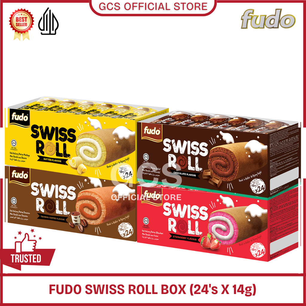 

Fudo Swiss Roll Cake With Cream Rasa Pandan Coklat Chocolate Strawberry Butter 1 Box isi 24pcs 432g
