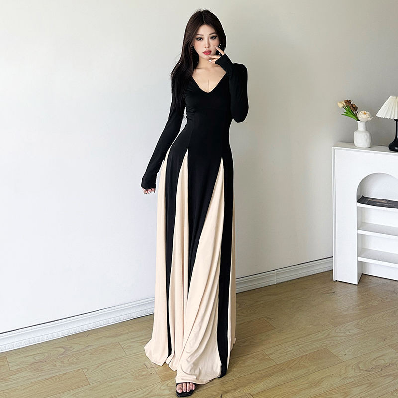 Elegan kontras warna temperamen splicing V-collar gaun wanita mewah ringan, angsa hitam gaun besar g