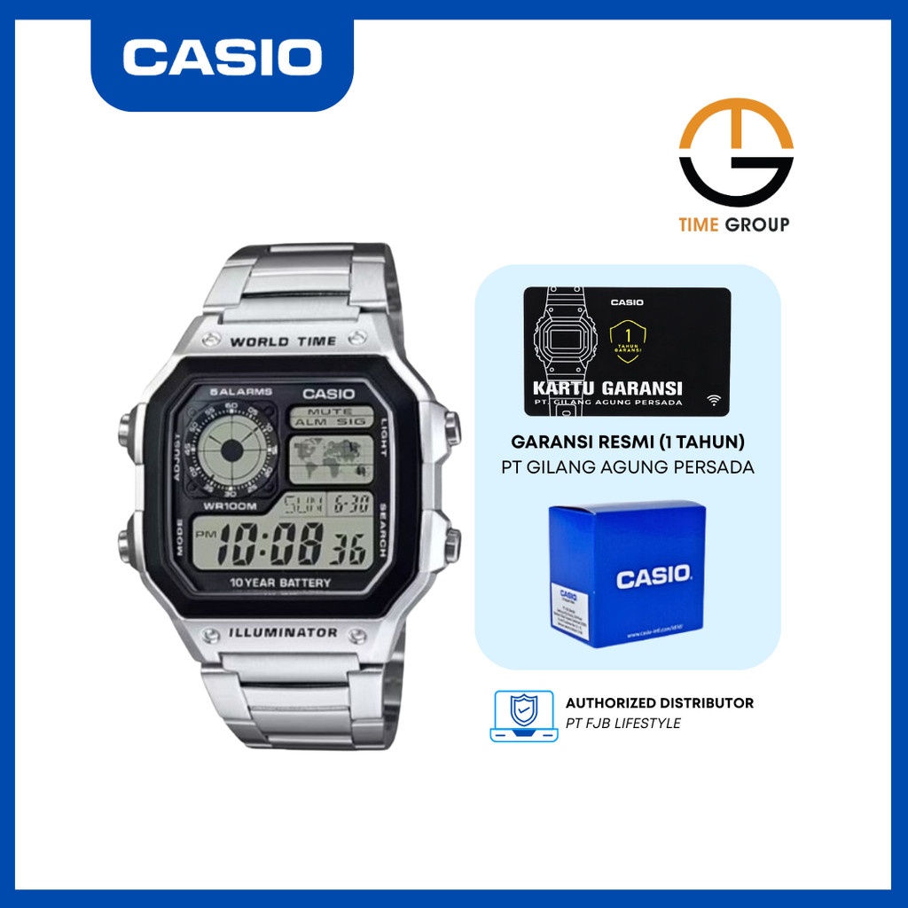 JAM TANGAN PRIA CASIO AE-1200WHD-1AV AE1200WHD-1AV DIGITAL STAINLESS STRAP ORIGINAL