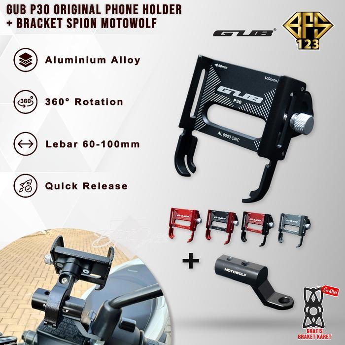 Jaya Accesories GUB P30 Phone Holder + Bracket Spion MOTOWOLF ORIGINAL - Merah Hitam