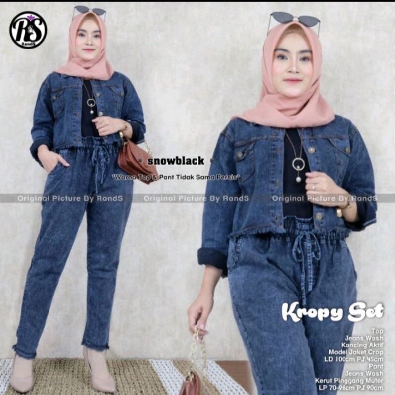 HW Setelan Wanita Jeans/One Set Jaket Jeans Snow/Jaket Crop Wanita/Setelan Jaket Jeans Dan Celana BA