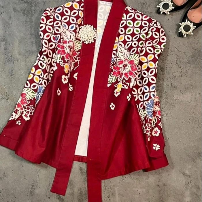 PROMO  outer batik warna merah super mewah premium - outer batik merah, S