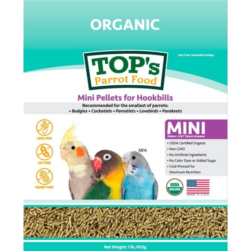 Top's Parrot Food Organic Mini Pellets for Hookbills Makanan Pakan Burung Organik USA 453g