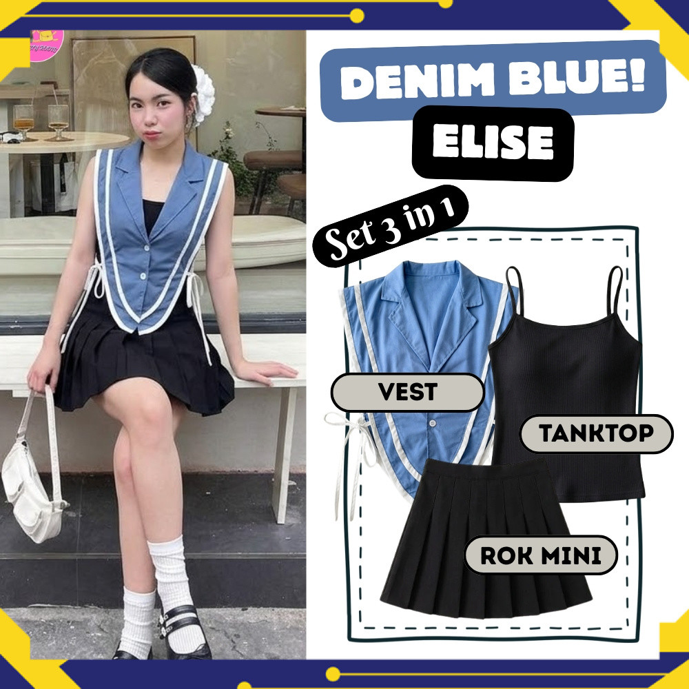 Outfit Kekinian Vest Elise denim Blue 3 in 1 (Vest Elise + Tanktop + Rok Mini) Stylish & Modish SF18