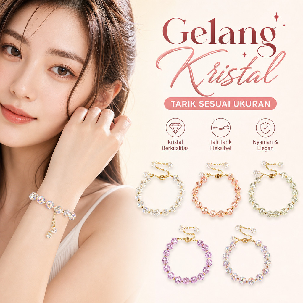 Gelang Kristal Pelangi Adjustable, Gelang Manik Batu Kristal Berkilau Anti Karat Aksesoris Wanita El