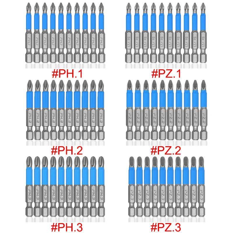 10Pcs Set Obeng 50mm Anti Selip Mata Obeng Magnetik Kepala Tunggal PH1 PZ1 PH2 PZ2 PH3 PZ3 Baja S2 A