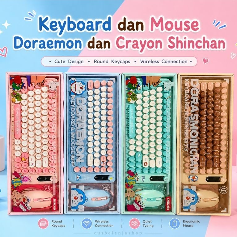 Keyboard Mouse Wireless Karakter Doraemon & Crayon Shinchan Retro Round Keycaps Cute Gaming Office L