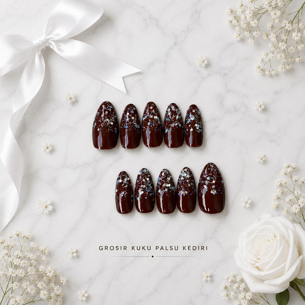 FREE LEM - Kuku palsu pendek pengantin wedding coklat mahoghani| Kuku palsu nail art + lem warna | F