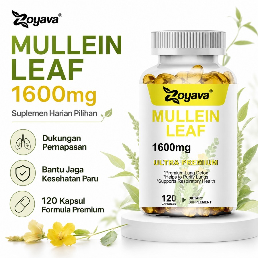 Zoyava Mullein Leaf Capsules 1600mg 120 Kapsul Suplemen Daun Mullein Respiratory Support untuk Keseh