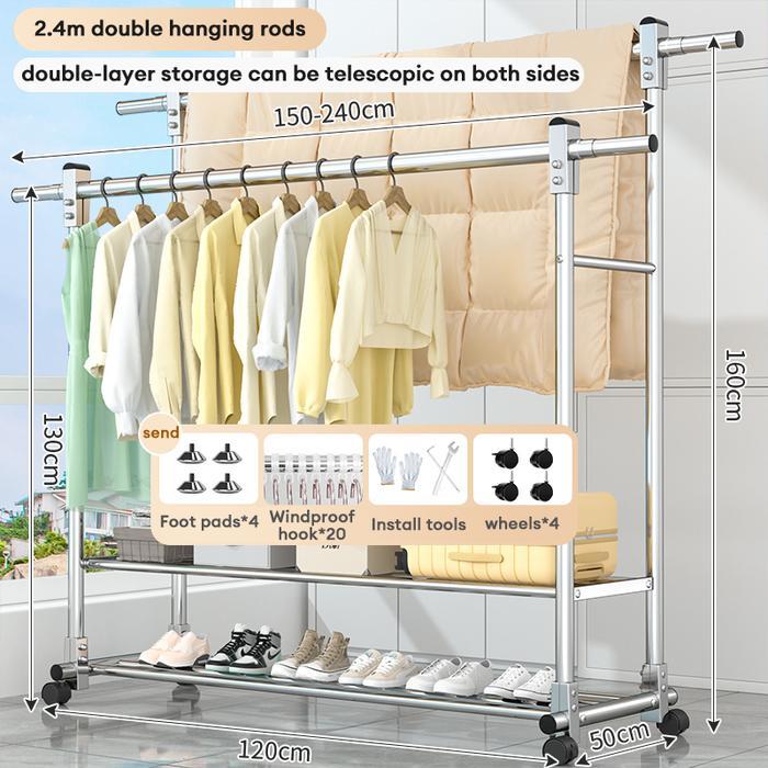 Rak Gantungan Baju Berdiri Stainless Steel Tebal Jemuran Baju Stainless Jemuran Baju Dobel Pool Roda