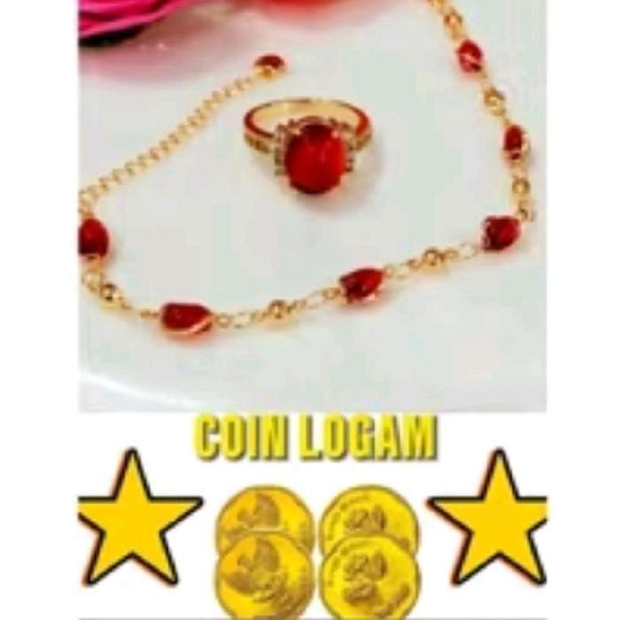 PERHIASAN KOIN Set Perhiasan Giok Merah Delima Gelang Cincin Perhiasan Koin Asli 1991-1992 Anti Kara