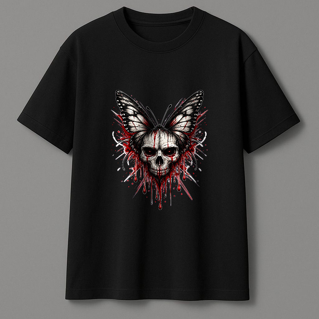 Skull Kupu-Kupu Berdarah Bergaya Gothic, Kaos Pendek Unisex Bahan Katun 24s Dengan Potongan Oversize