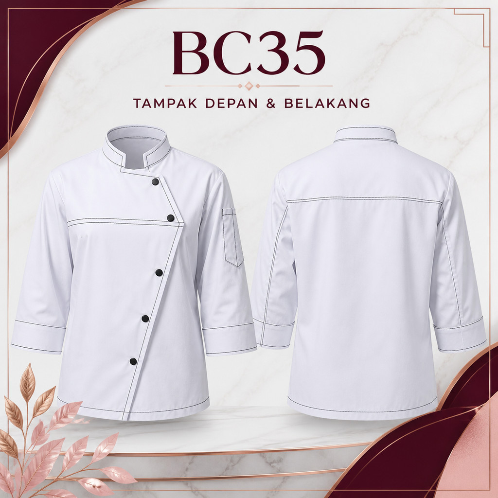 
Jaket Chef Profesional Kerah Tegak | Baju Koki Unisex Lengan Panjang Kancing Asimetris