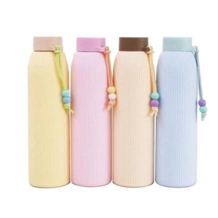 Promo - Tumbler Botol Kaca Lapis Plastik Warna Aesthetic Manik Korea Macaron Pastel Tali Gandul 400m