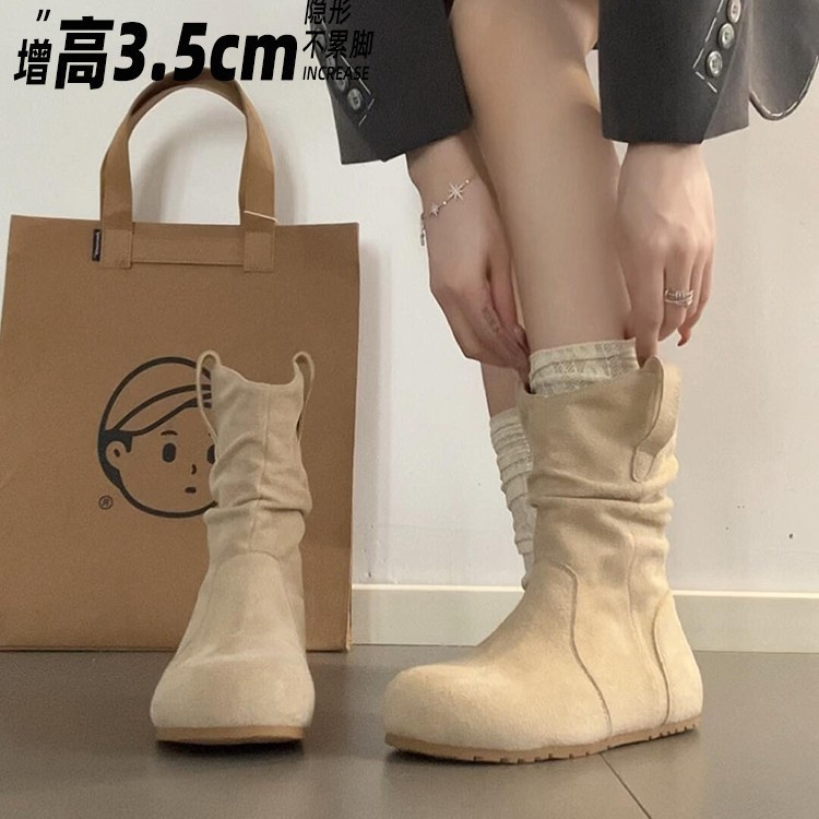 Sepatu Bot Kulit Domba Suede Vintage Wanita Sepatu Bot Datar Kerut Ujung Bulat