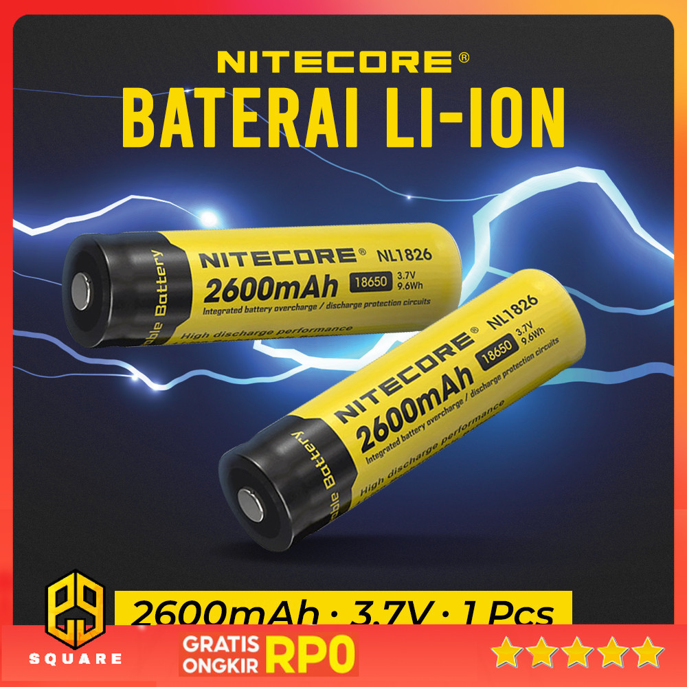 NITECORE Baterai Rechargeable 18650 Li-Ion 3.7V 2600mAh 1 PCS - NL1826 Original 99 Square