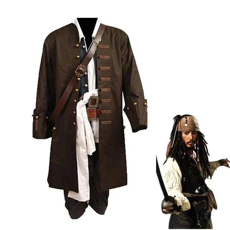 Captain Jack Sparrow Cosplay Costume Suit Mens Pirates Uniform Coat Caribbean Halloween Outfit Jacke