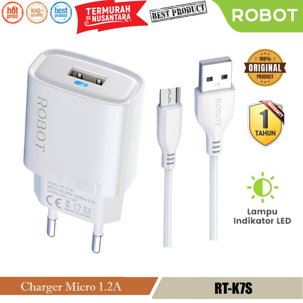 (CEK TIPE) ROBOT RTK7S SET CAS HP PHONE CHARGER HANDPHONE KABEL MICRO / TYPE C TRAVEL ADAPTER