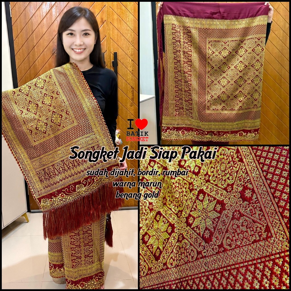 SONGKET JADI BORDIR MOTIF 1 SIAP PAKAI SUTRA PALEMBANG BENANG KRISTAL EMAS PENGANTIN MERAH MARUN PEN