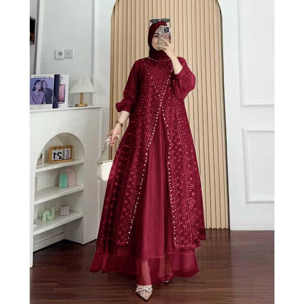 [𝐏𝐚𝐝𝐮 𝐃𝐫𝐞𝐬𝐬] Gamis Kondangan Jumbo Marun – Gamis Muslim Brukat Elegan untuk Lebaran & Pesta