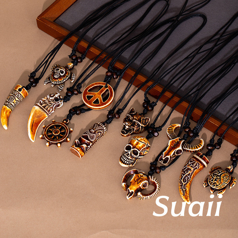 [Suaii] Kalung Liontin Hiasan Ukir Bentuk Geometri Kreatif Gaya Etnik A309