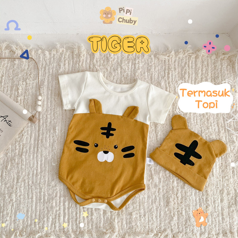 PIPI CHUBY - Baju Bayi | Jumper Anak | Setelan Bayi Harimau | Topi + Romper Bayi 0-2 Tahun