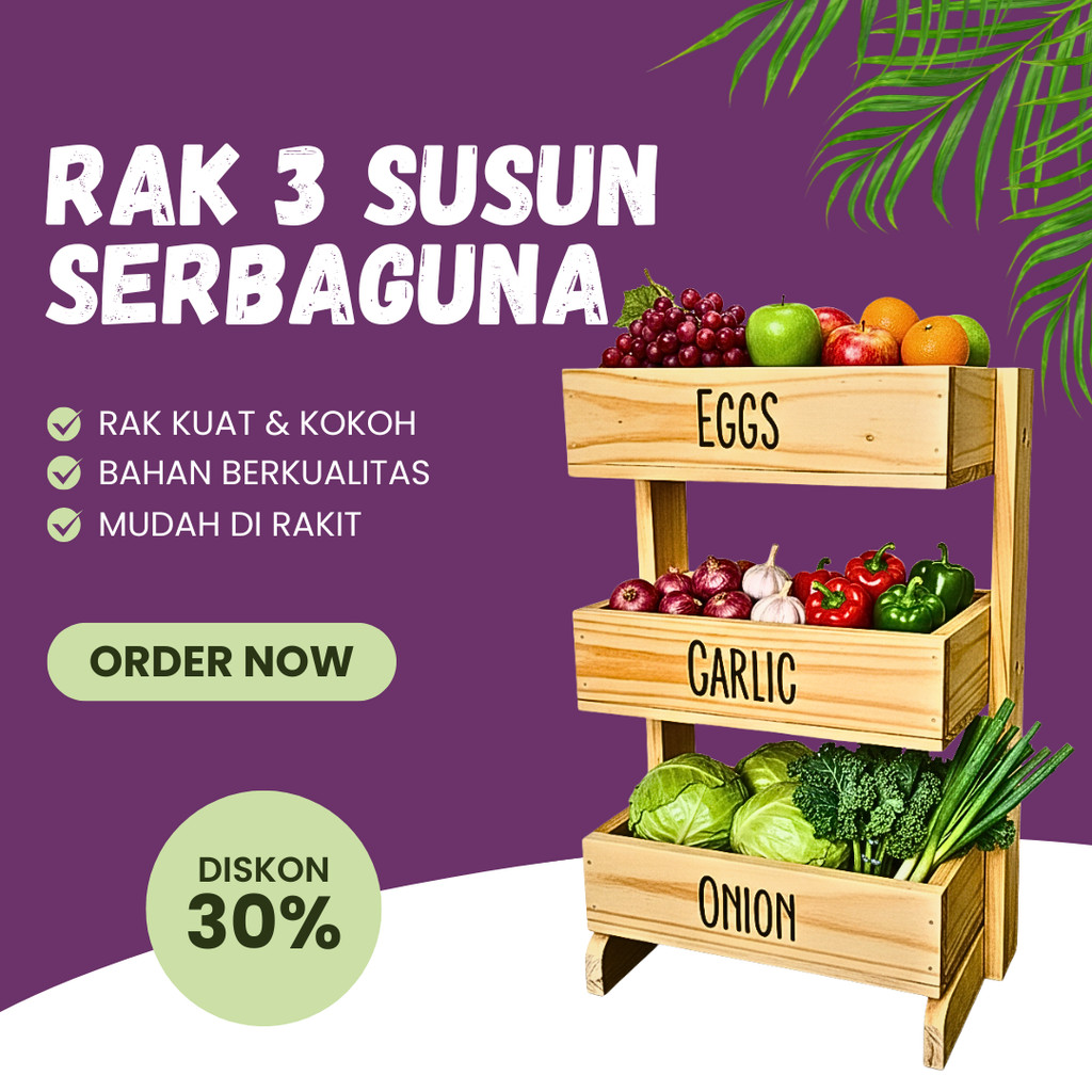 Rak Bawang Kayu 3 Susun / Rak Bumbu Serbaguna