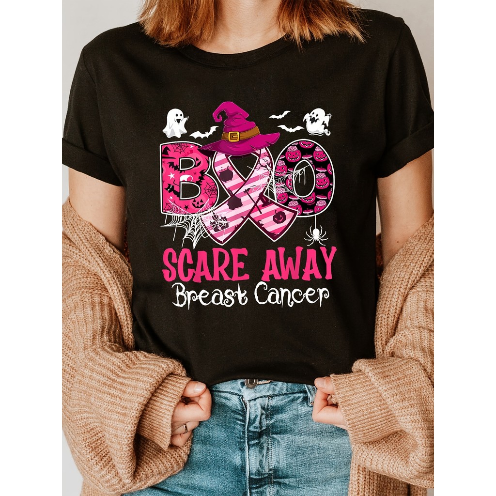 Scare Away Breast Cancer Graphic T Shirt Women's Short Sleeve Crew Neck Top with Witch Hat Pink Ribb